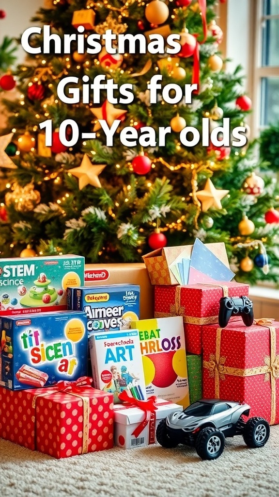 Top Christmas Wishlist Ideas for Ten-Year-Olds A collection of Christmas gifts for ten-year-olds under a decorated tree, including toys, games, and books.